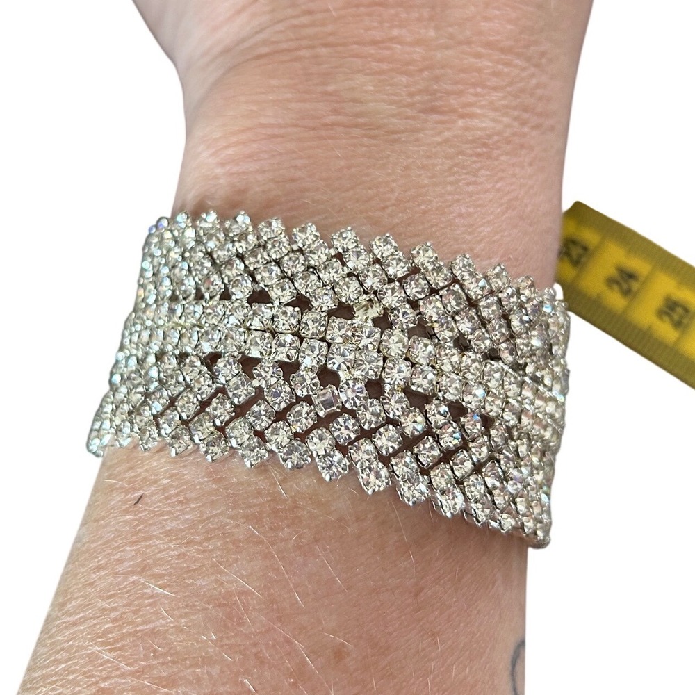 Natasha VTG Silver Tone Clear Rhinestone Wide Mesh Cuff‎ Bracelet Wedding